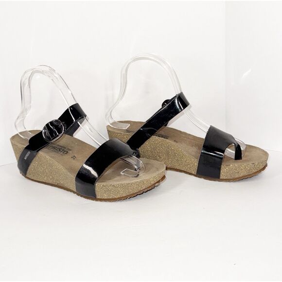 Mephisto Women Patent Leather Sandals Black Wedge Buckle Comfort Cork Comfy 37/7 - Picture 1 of 13